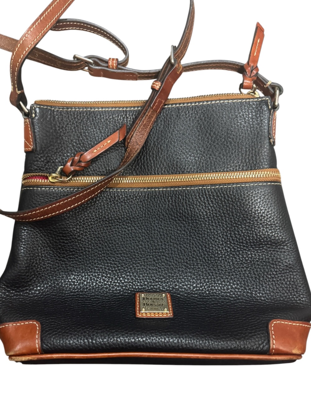 Dooney & Bourke Black Pebble Leather Messenger with Brown Trim and Gold Hardware